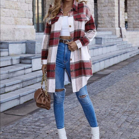 Tan white plaid button down overcoat jacket - Picture 11 of 16